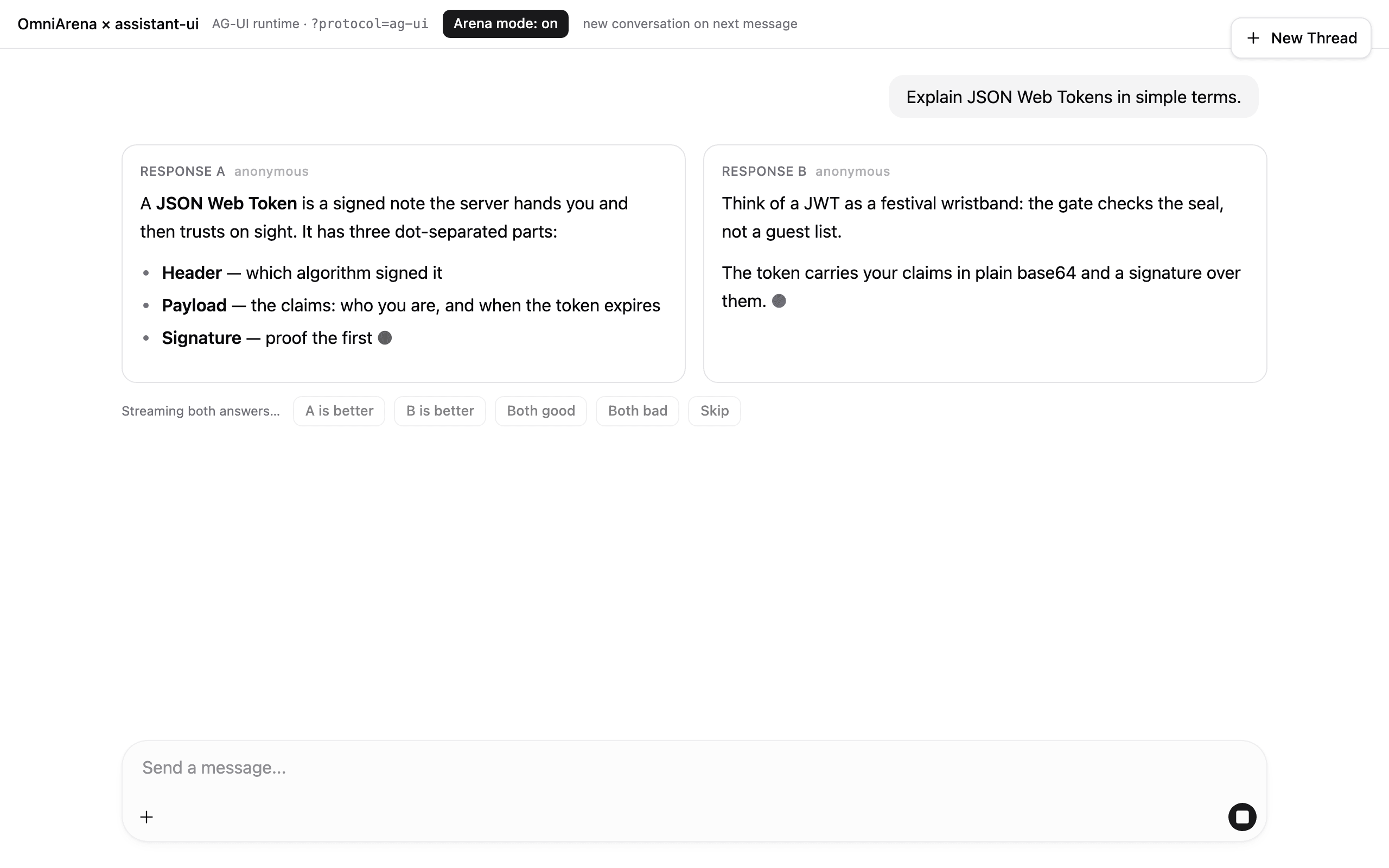 Two anonymous answers streaming side by side in assistant-ui, the vote bar disabled while both slots are still writing