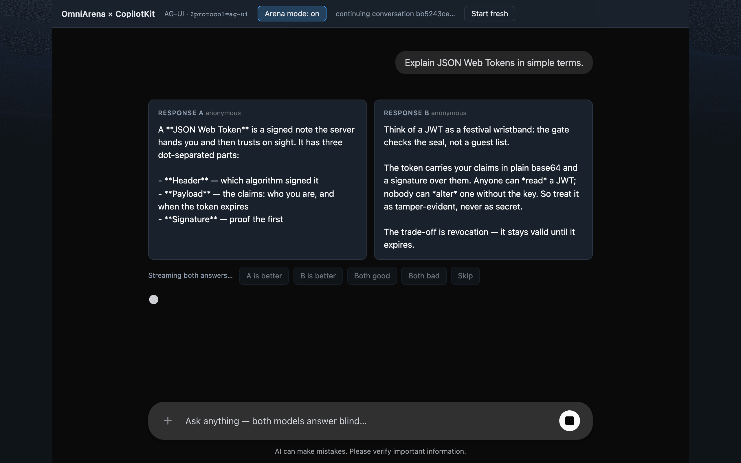 Two anonymous answers streaming side by side in CopilotKit, vote bar disabled mid-stream