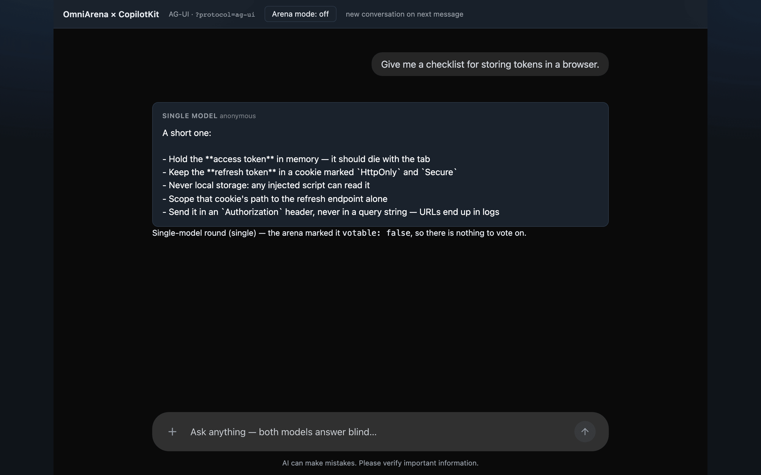 Arena mode off: one column with a single-model notice instead of a vote bar