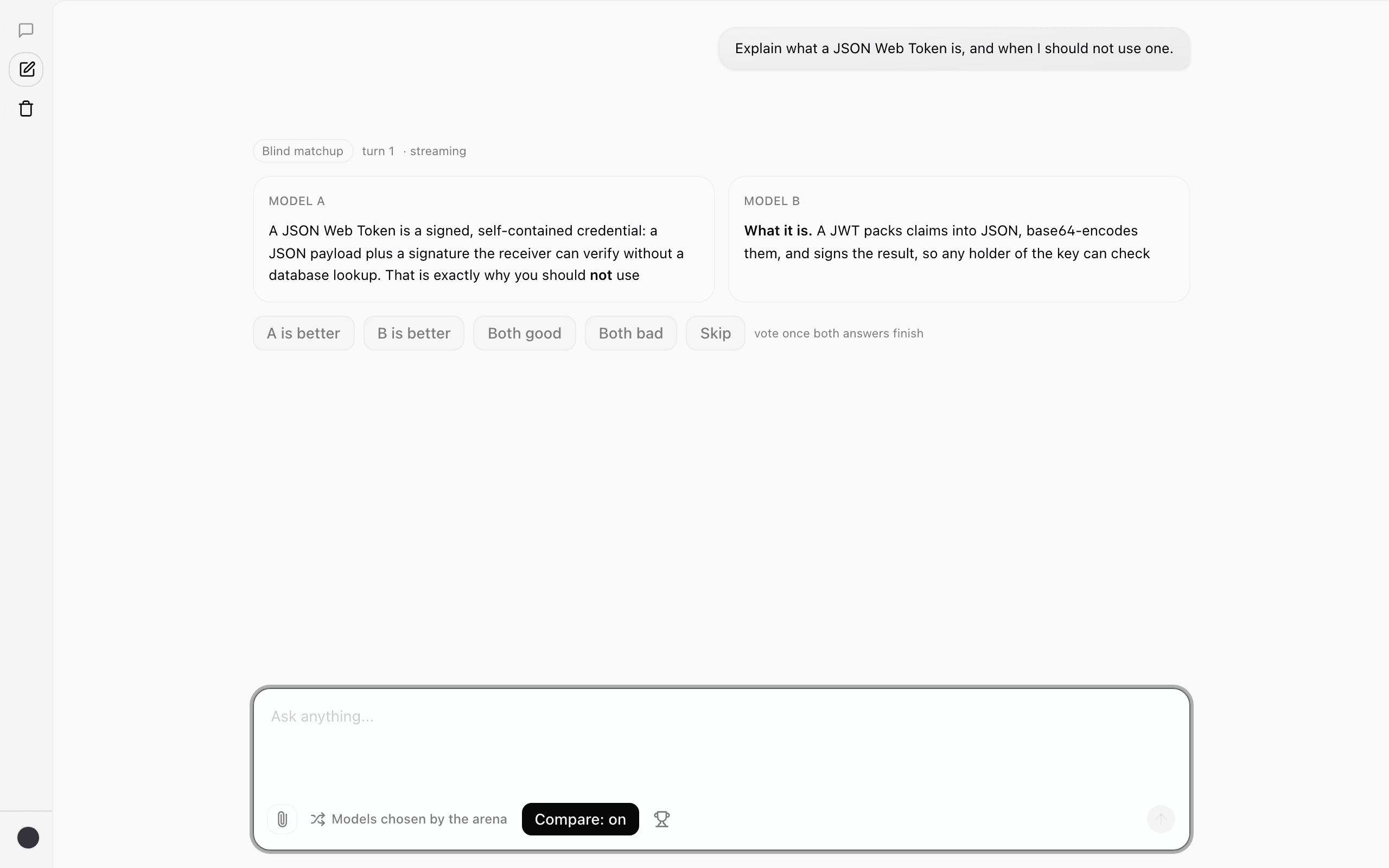 Two anonymous answers streaming side by side in the vercel/ai-chatbot message list