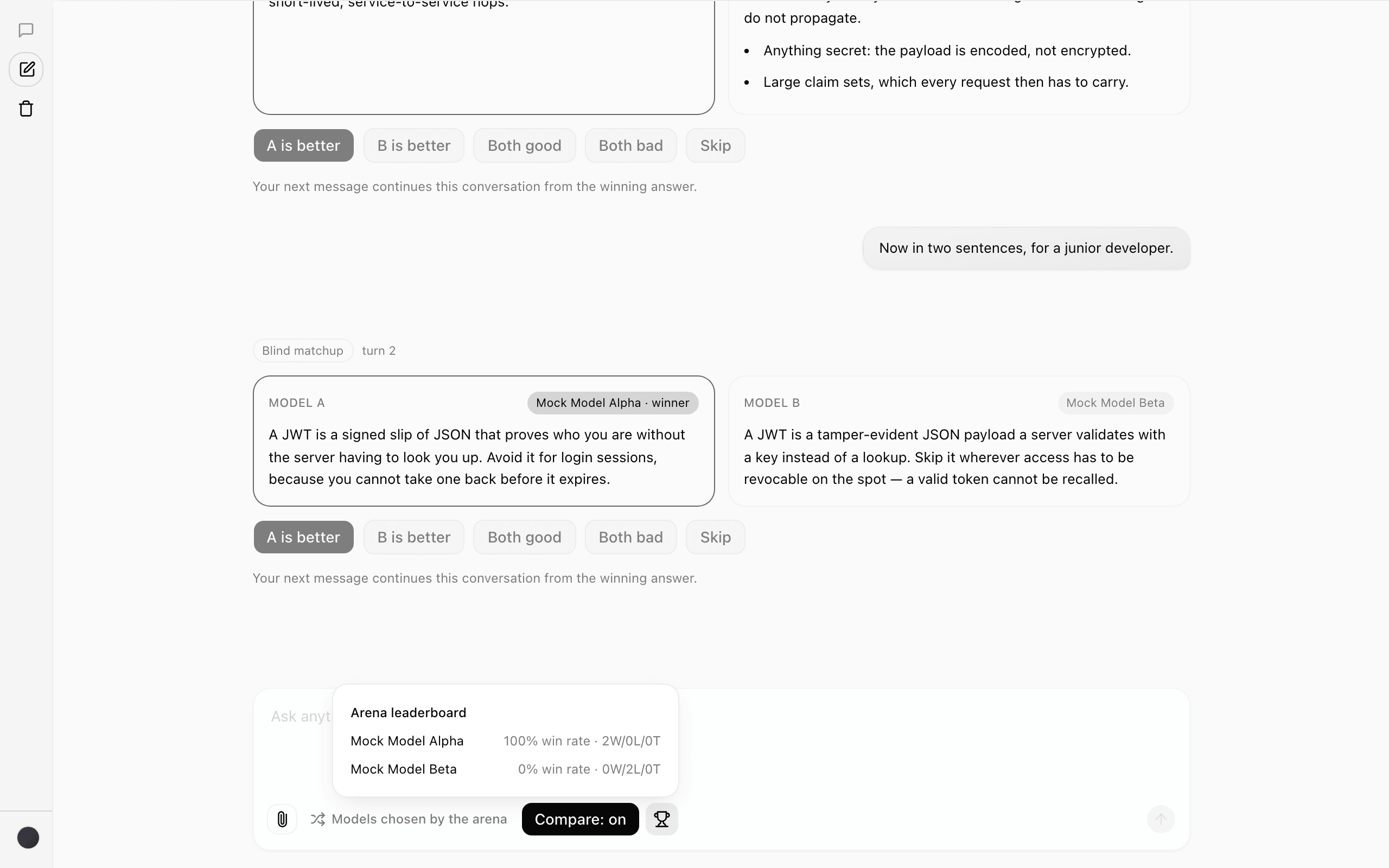 The leaderboard popover listing both models with their win rates and records